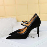 RETRO BLACK SUEDE SHALLOW POINTED TOE HIGH HEELS_CWSHH0111
