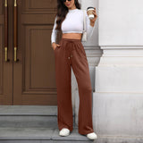 Solid Color Stretch Waist Loose Straight Pants