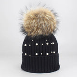 Women¡¯S Knit Beanie With Pearl & Fur Pom_Cwah04987