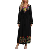 Womens Long-Sleeved Embroidered Long Dress