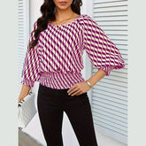 Waist-In Color Contrast Printed Long Sleevet-Shirt