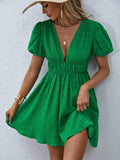 V-Neck Pleated Solid Color Dress