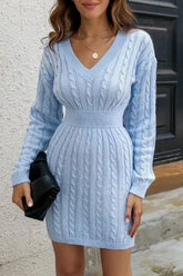 V-Neck Waistband Twist Wrap Hip Sweater Dress