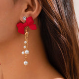 RED BOW EARRINGS WITH PEARL TASSELS_CWAJE1138