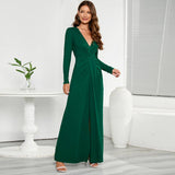 V-Neck Long-Sleeved Solid Color Fitted Dress