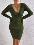 V-Neck Slim-Fit Dress With Hips And Long Sleeves