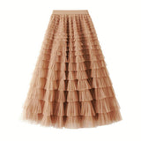 White Tulle Tiered Pleated A-Line Maxi Skirt_Cwbms0369