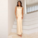 Solid Satin Sexy Backless Long Halter Gown Dress