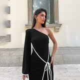 Temperament One-Shoulder Color Edge Lace Dress