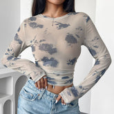 FLORAL PRINT MESH LONG SLEEVE FITTED CROP TOP_CWTBLL3428