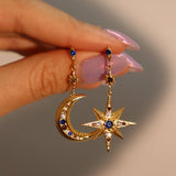 ASYMMETRICAL STAR MOON CZ STUD EARRINGS VINTAGE_CWAJE5110