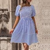 Striped Lapel Halter Dress With Puffy Sleeves