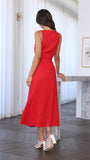 Solid-Color Waist-Cinched Round-Neck Dress