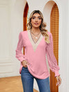 Cwtbll2401_V-Neck Lace Stitching Long-Sleeved Casual Top