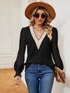 Cwtbll2401_V-Neck Lace Stitching Long-Sleeved Casual Top
