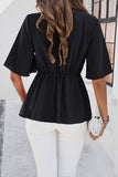 Solid Color Elegant Short Sleeved Belted Top_Cwtsts0323