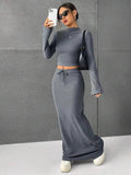 Solid Color Long Sleeve Top Long Skirt Set