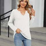 V-Neck Color Cotton Long Sleeve Loose T-Shirt