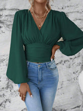 Waistband V-Neck Sleeved Ruffled Long-Sleeved Top