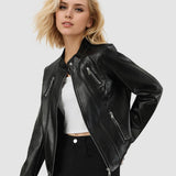 SLIM FIT STAND COLLAR FAUX LEATHER JACKET WOMEN_CWMM9025