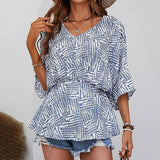 V-Neck Bat-Sleeve Loose Waist Print Pullover Top