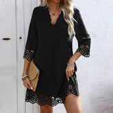 Solid Color V-Neck Burn Half Sleeve A-Line Dress