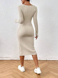 Square-Neck Long-Sleeved Solid-Color Dress