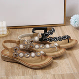 Women Bohemia Bling Rhinestone Pearl Flat Sandals