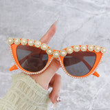 HANDMADE RHINESTONE PEARL RETRO CAT EYE SUNGLASSES_CWASG0268