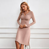 V-Neck Strap Knit Long Sleeve A-Line Long Dress