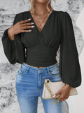Waistband V-Neck Sleeved Ruffled Long-Sleeved Top