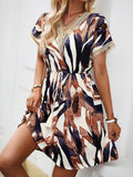V-Neck Lace-Up Print Short Dress