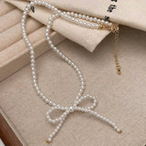 NEW SWEET RETRO BOW PEARL NECKLACE BRACELET SET_CWAJE3071
