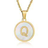 Cwaje1934_Round Stainless Steel White Shell Letter Necklace