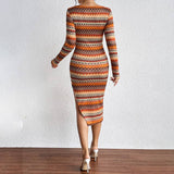 Stylish Wavy Color Striped Slim Longsleeved Dress