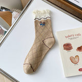 White Coffee Color Floral Print Crew Socks_Cwms0298