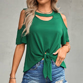 Solid-Color Round-Neck Hollowed-Out Knotted Top