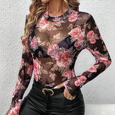 SEMI SHEER ROSE PRINT CHIFFON MESH LACE TOP_CWTBLL3424