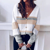 V-Neck Button-Striped Patchwork Sweater Cardigan