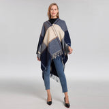FRINGED SHAWL PLAID SCARF FAUX CASHMERE SLIT CAPE_CWASC2258