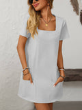 Square-Neck Short-Sleeved Casual Pockets Dress