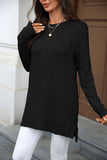 Solid-Color Round-Neck Long-Sleeved Slit T-Shirt
