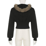 Woolen Collar,Cinched Waist,Hooded Zipper Jacket