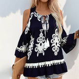 Vintage Ethnic Patchwork Off-The-Shoulder Blouse