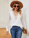 Cwtbll2401_V-Neck Lace Stitching Long-Sleeved Casual Top