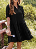 Womens V-Neck Colorblock Puff Sleeve Dress