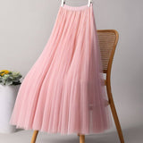 SOLID COLOR ELASTIC WAIST MESH TULLE A LINE SKIRT_CWBLS0372
