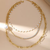 STAINLESS STEEL SMALL PEARL THREE LAYER NECKLACE_CWMM3581