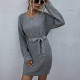 Solid-Color Laid-Back Lace-Up Knitted Dress