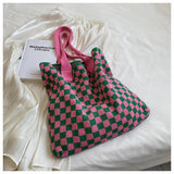 Cwab1950_Plaid Pattern Knitted Tote Bag